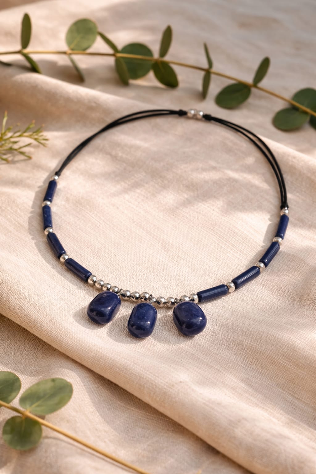 Collar de Lapislázuli de tres pendientes con chaquira plateada