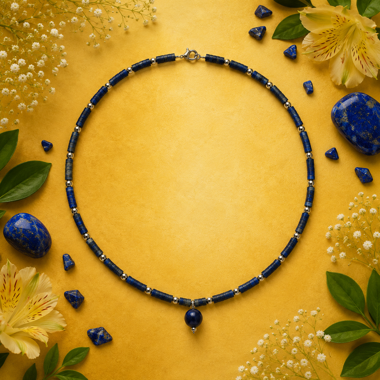 Collar lapislázuli cuentas de disco esférica dorada
