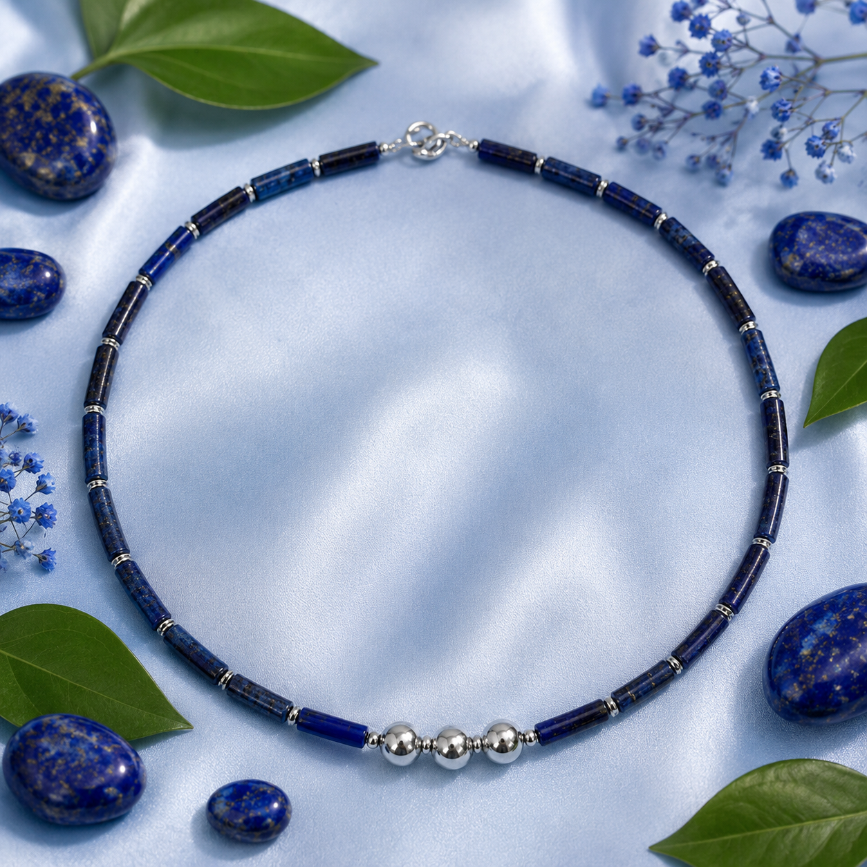 Collar lapislázuli con tres colgantes plateados