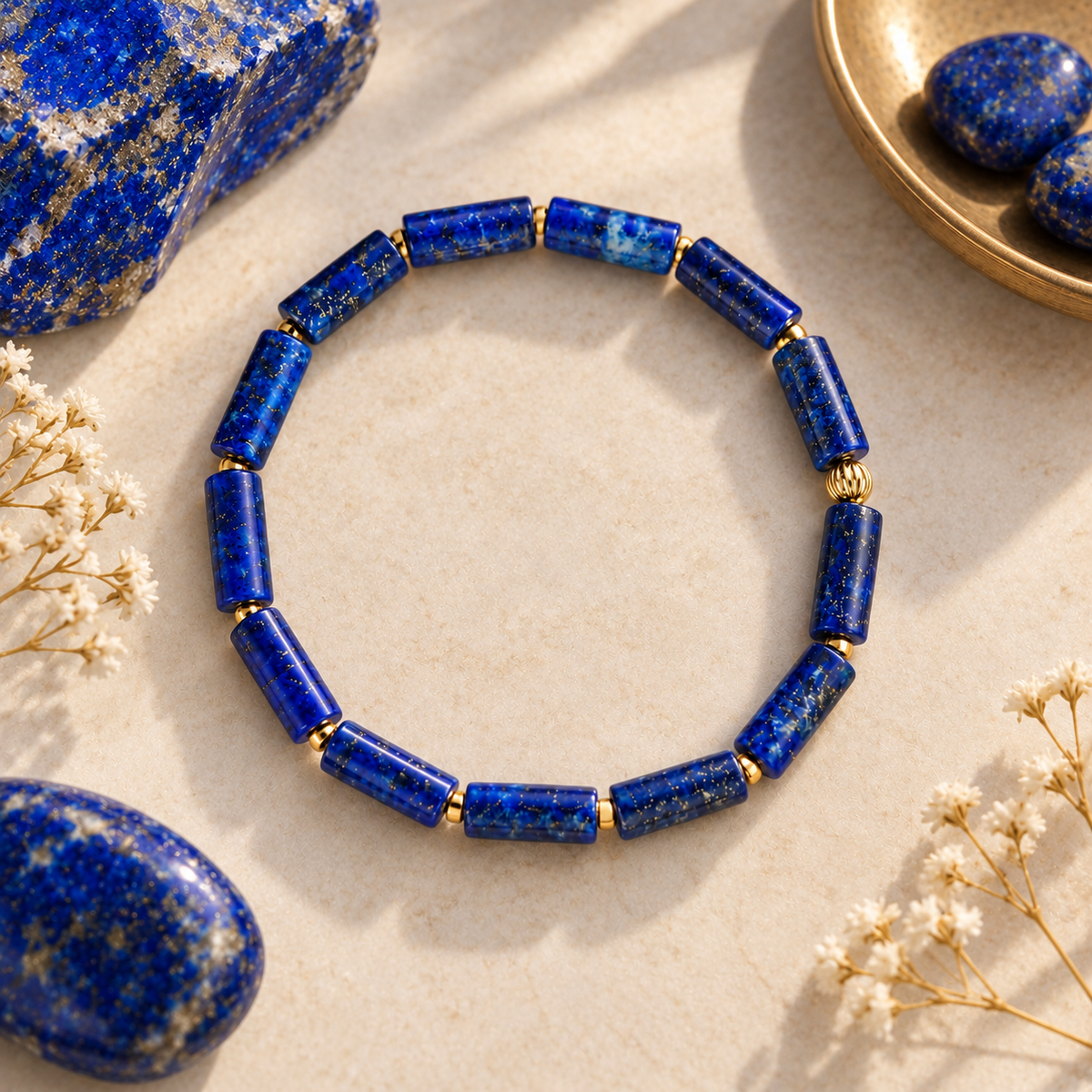 Pulsera  cuentas cilindricas anillos dorados